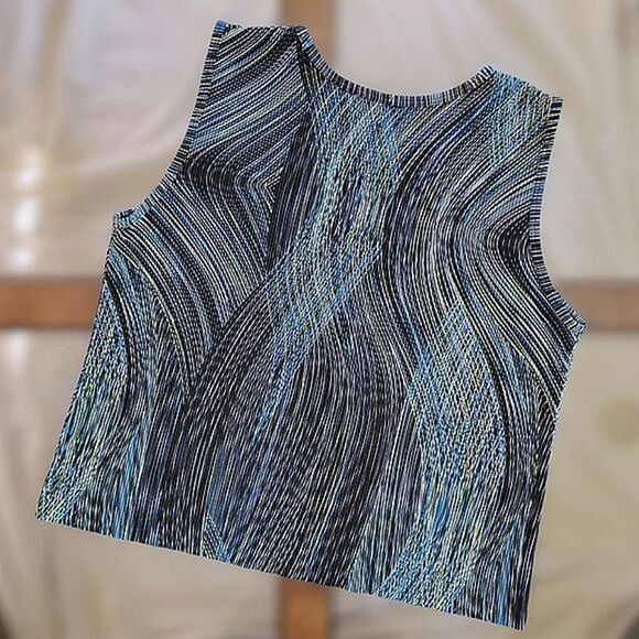 Vtg crimped turquoise wave print on black sleeveless tank blouse - Picture 4 of 7